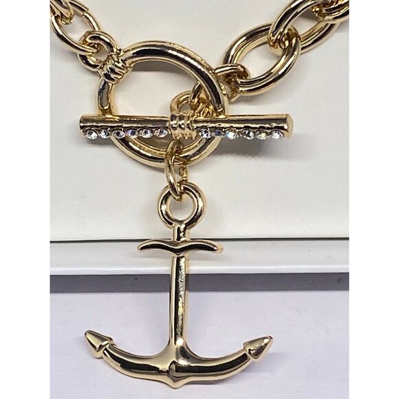 NIB Crown & Ivy Boxed Gold-Tone Single Anchor Charm Link Bracelet Rhinestone - Picture 3 of 5